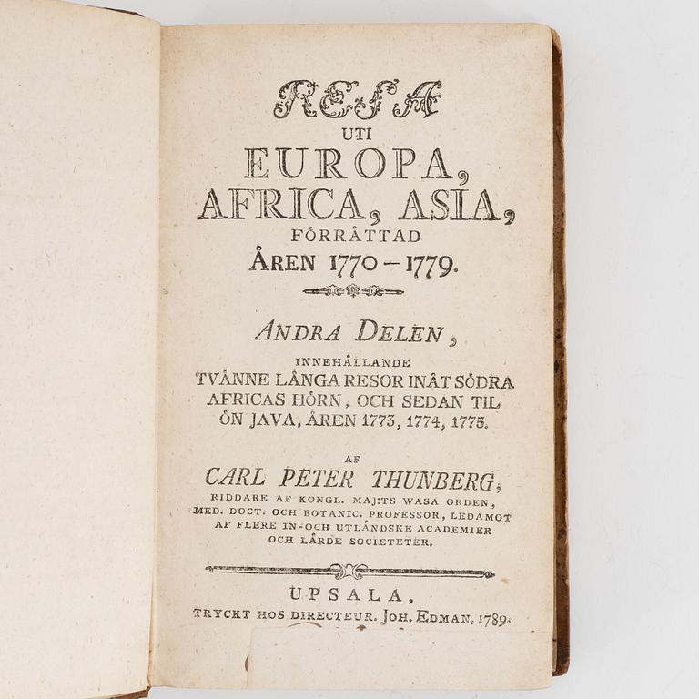 Books, four volumes,  Carl Peter Thunberg, Resa uti Europa, Africa, Asia 1770-1779. I-IV.