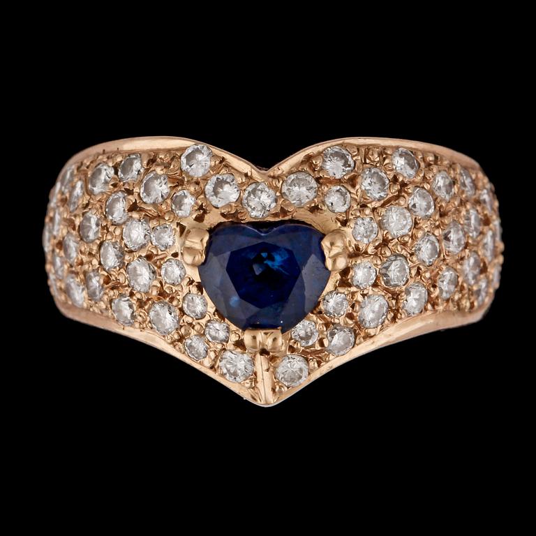 RING, hjärtslipad blå safir, 0.98 ct  och briljantslipade diamanter, 1.40 ct.