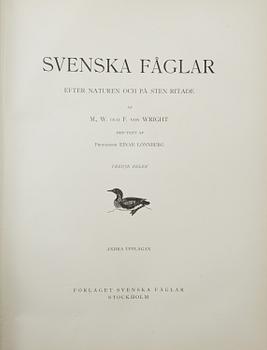 M, W & F VON WRIGHT, bokverk, 3 band, "Svenska fåglar", A. Börtzells tryckeri AB Stockholm, 1927-1929.