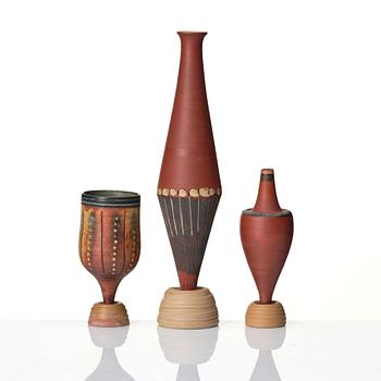 Wilhelm Kåge, a set of three miniature  'Farsta Spirea' stoneware vases, Gustavsberg studio, Sweden, one dated 1958.