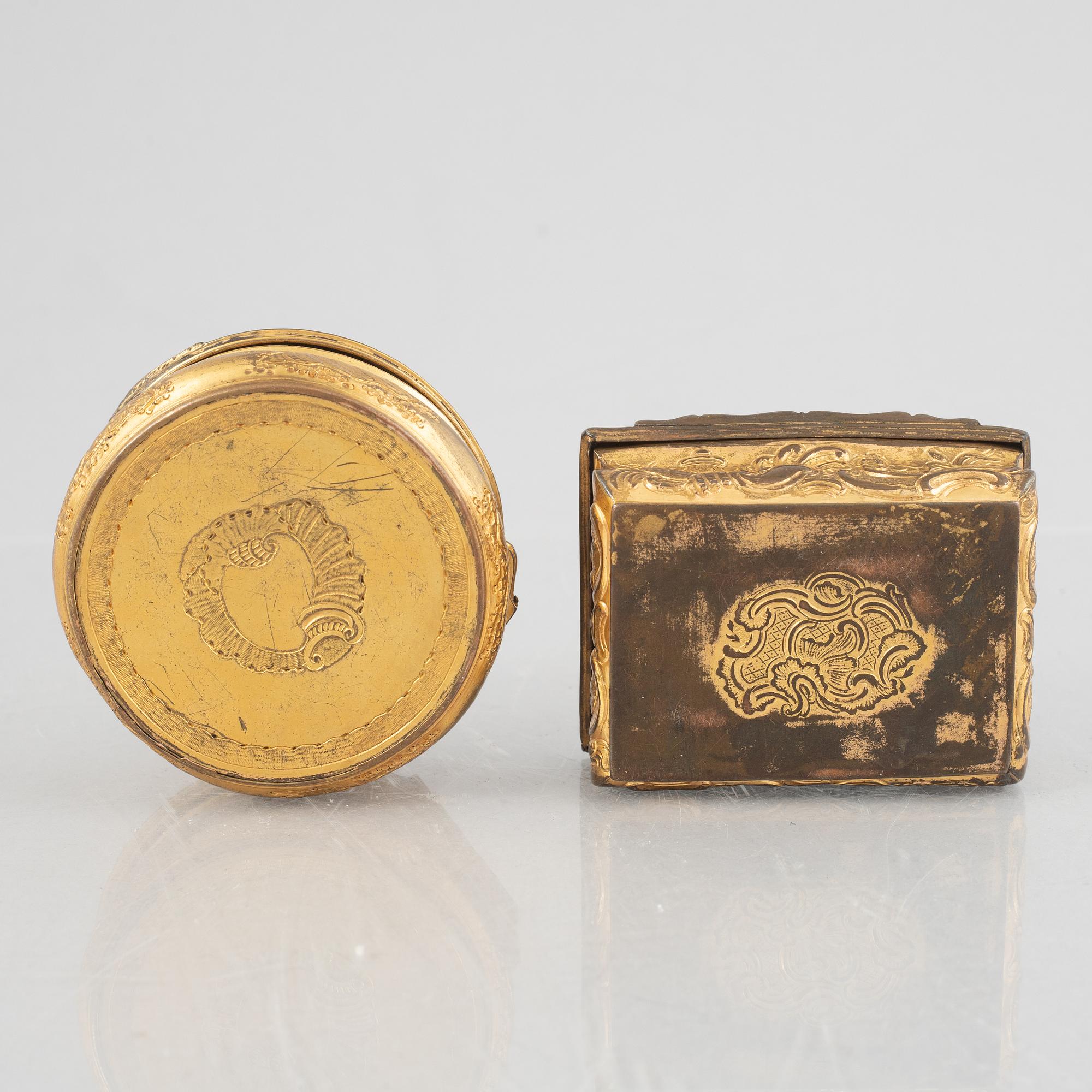 Two Louis XV gilt copper snuff boxes, later part 18th century.
