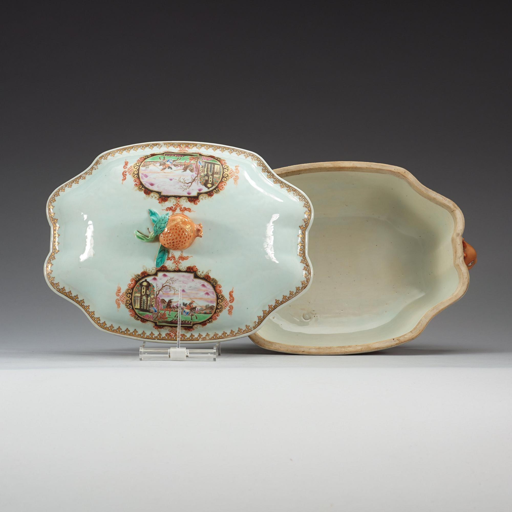 A famille rose 'European Subject' tureen with cover and stand, Qing dynasty, Qianlong (1736-95).