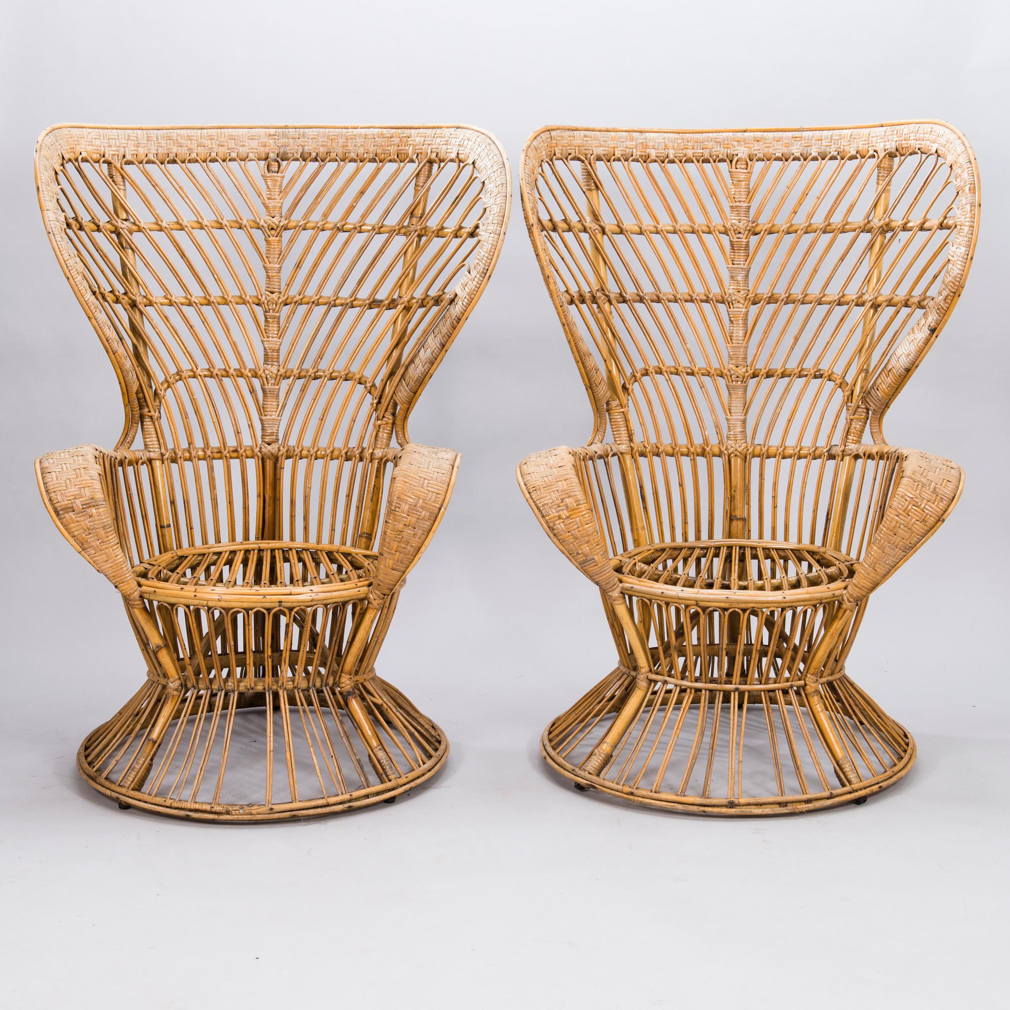 GIO PONTI & LIO CARMINATI, A pair of 'Conte Biancamano' rattan Wingback Armchairs for Bonacina, Italy.