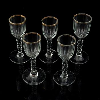 Five antique wine glasses, first half/mid 19th century.