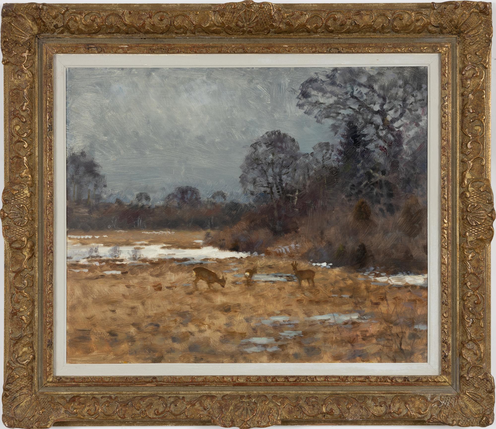 Lindorm Liljefors, Roe Deer in Spring Winter Landscape.