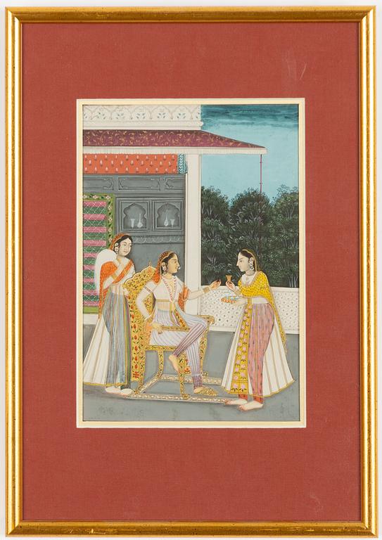 Unidentified artist, Elegant ladies in a palace setting, India, 20th century.