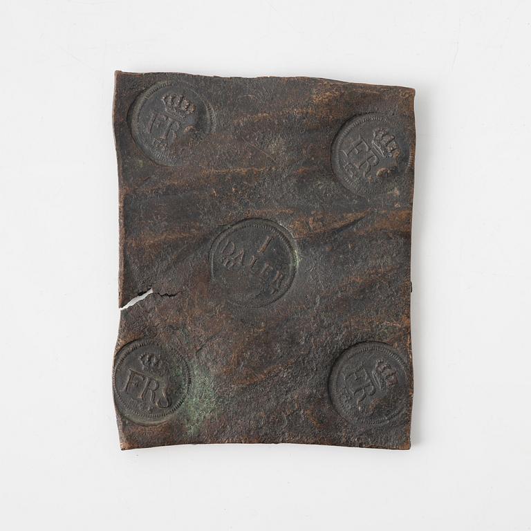 A Swedish plate money, 1 daler SM, 1748.