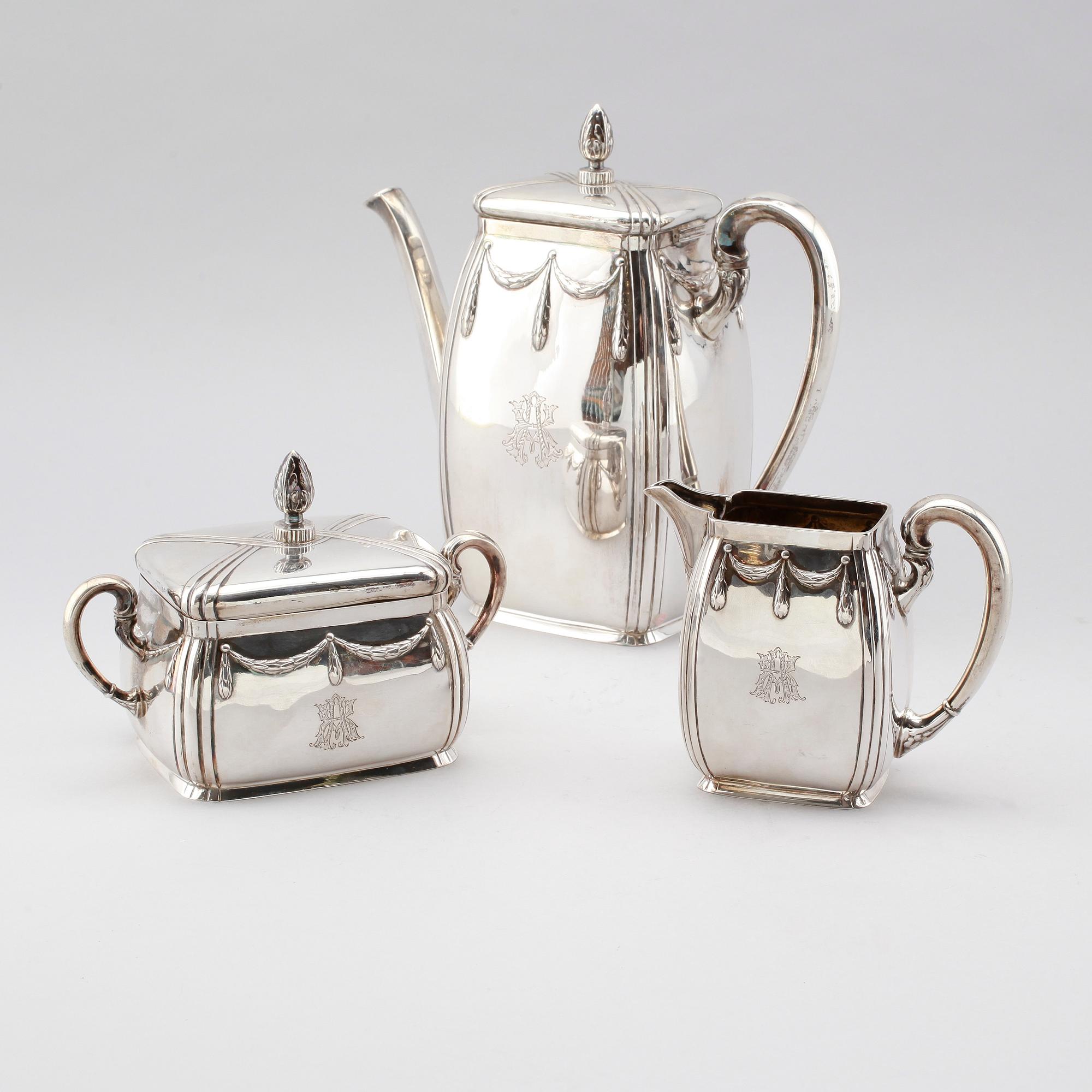KAFFESERVIS, 3 delar, silver, 1930. Total vikt ca 1080 gram.