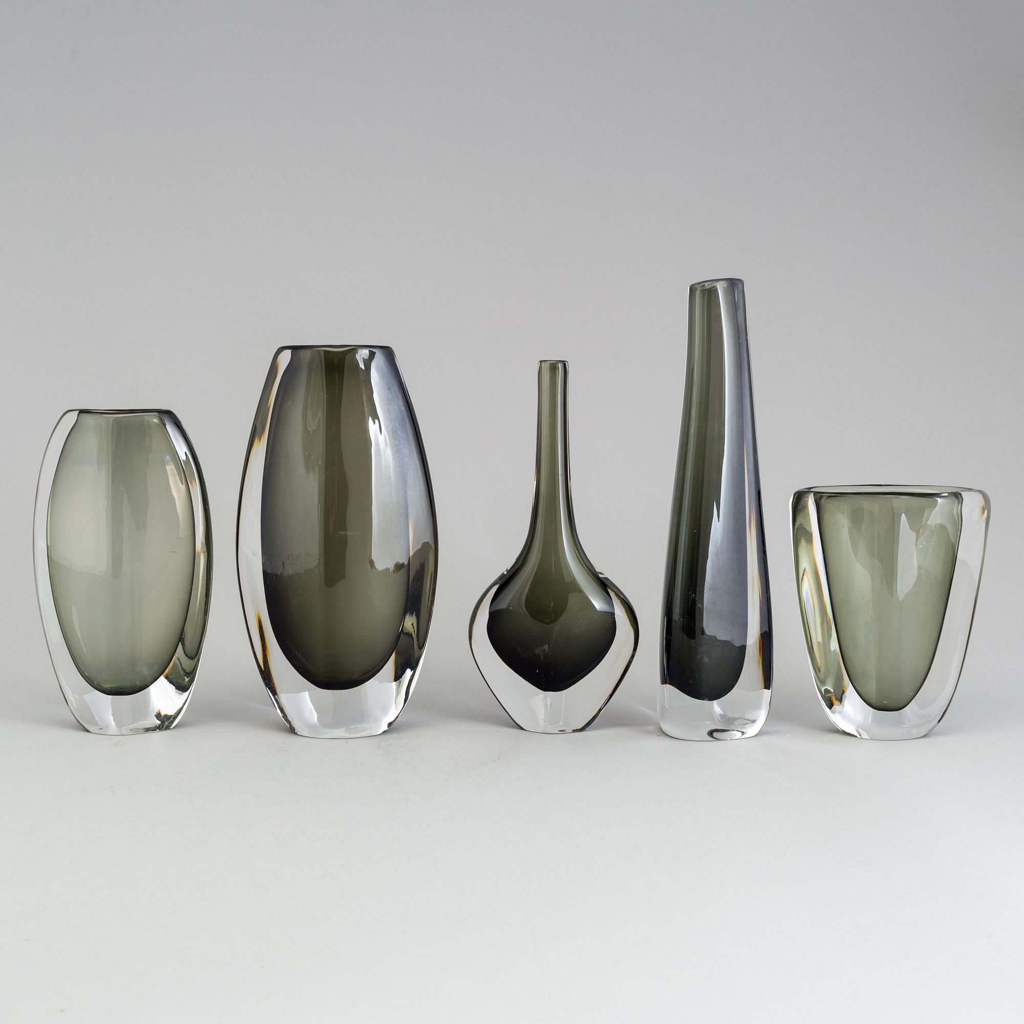 NILS LANDBERG, vaser, 5 st, Orrefors, signerade, 1900-talets mitt.