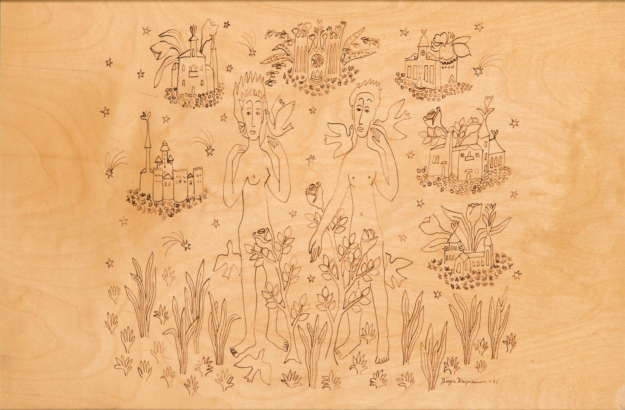 Birger Kaipiainen, drawing, ink on plywood, signed and dated -46.