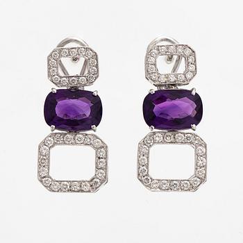 A pair of 18K white gold earrings with amethysts and diamonds ca. 1.24 ct in total. Italy.