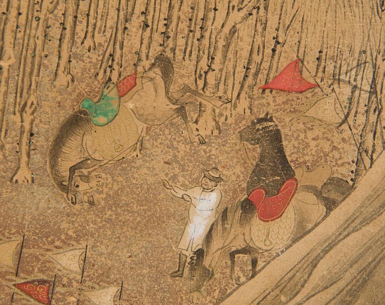 VIKSKÄRM, sex delar, tusch och akvarell på papper. Okänd Japansk konstnär, troligen 1600-tal.