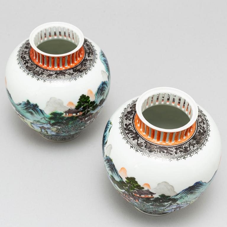 A pair of Chinese famille rose vases, 20th century.