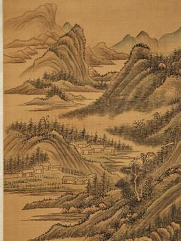 Qian Weicheng, (China 1720-1772), ink and colour on silk. 'Mountainious landscape'.
