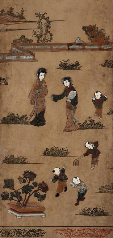 A painted and inlayed four-foulded screen, Qing dynasty (1644-1911).