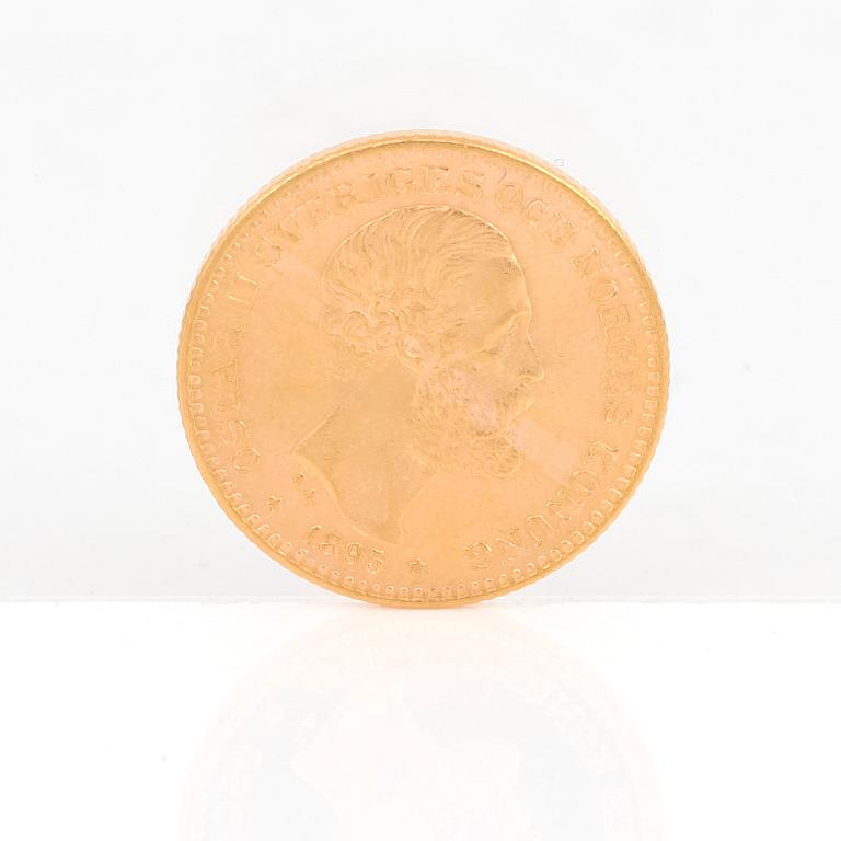 GULDMYNT, 10 kronor, Oscar II av Sverige och Norge 1895. Vikt ca 4,5 gram.