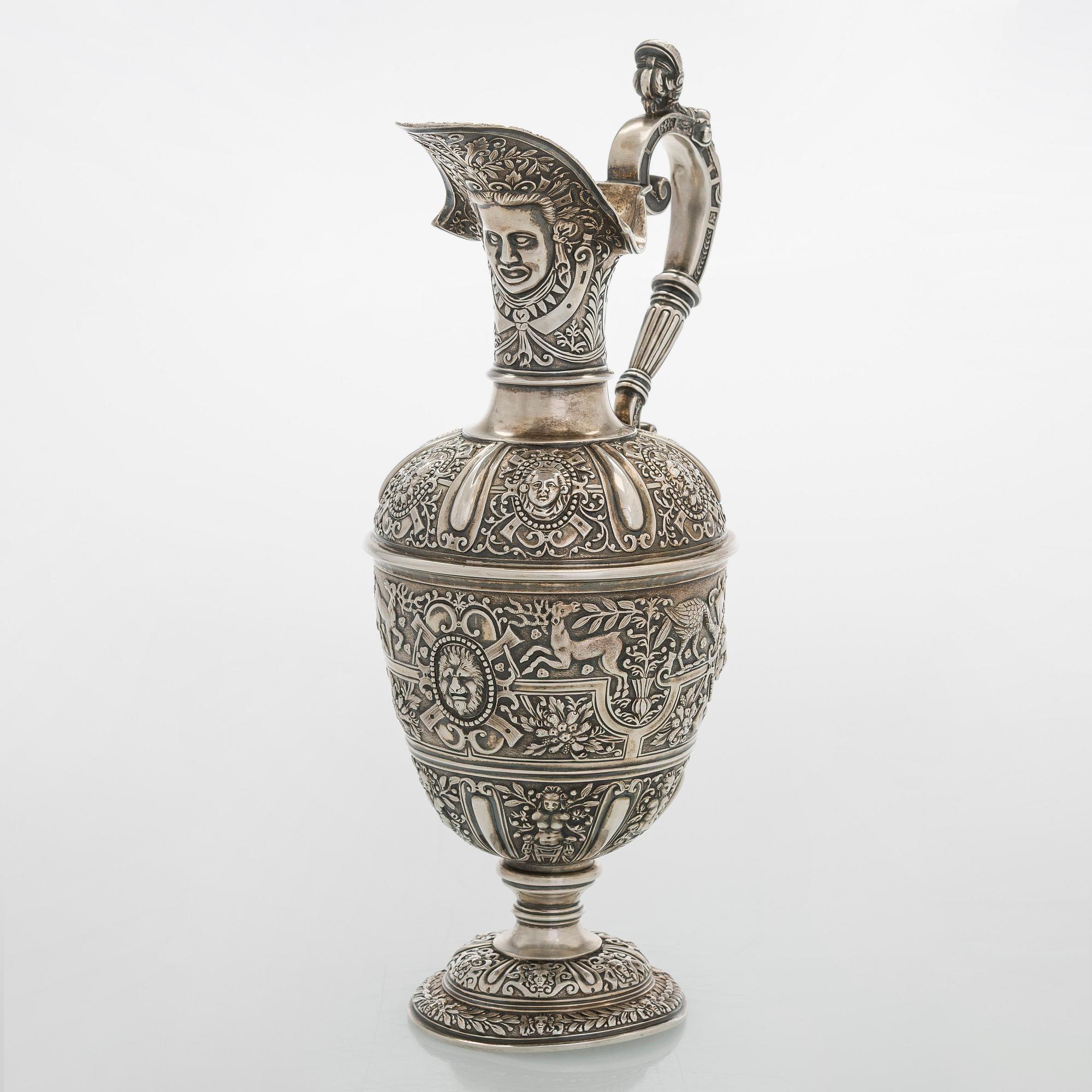 A sterling silver wine ewer, maker's mark of George Fox, London 1872.