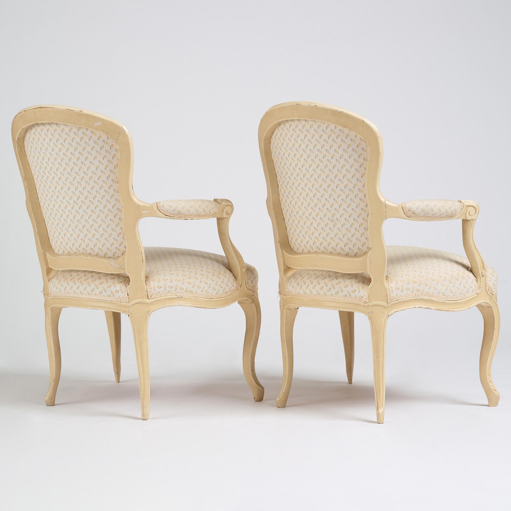 A pair of Swedish Rococo armchairs, second part of the 18th century.
