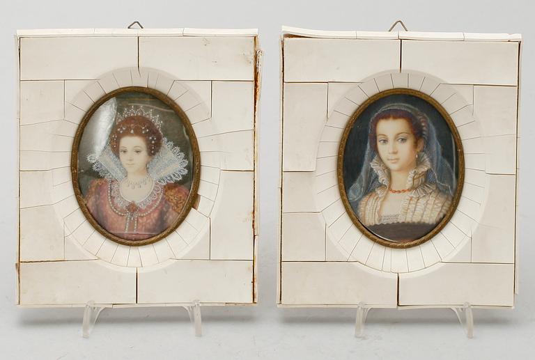 MINIATYRER, 2 st, gouacher, efter Bronzino, 1800-/1900-tal.