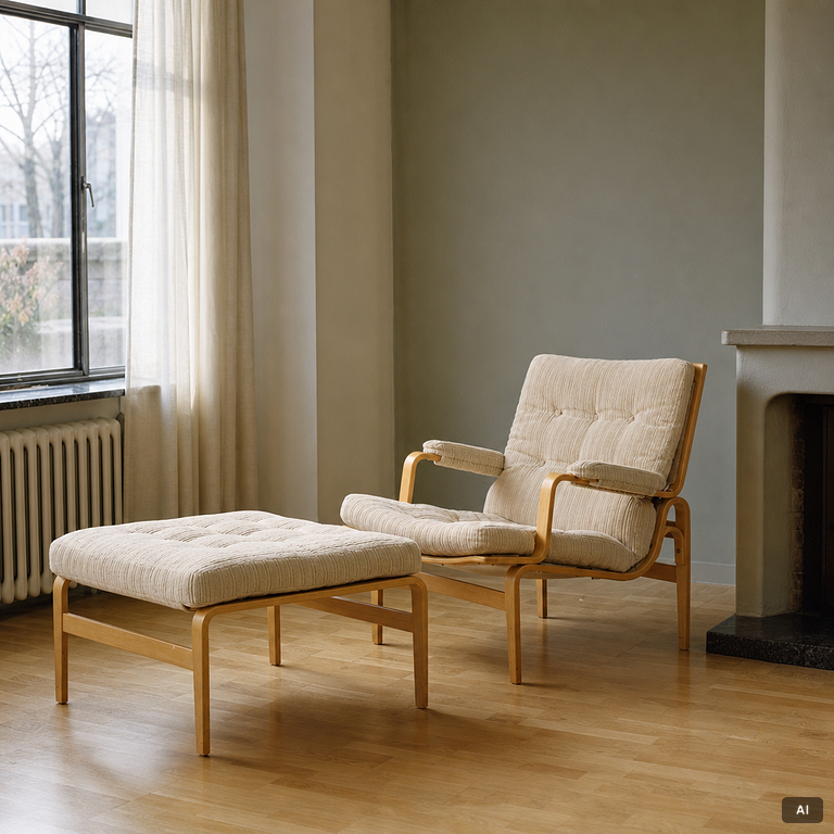 Bruno Mathsson, Armchair with footstool, “Ingrid”, Dux.