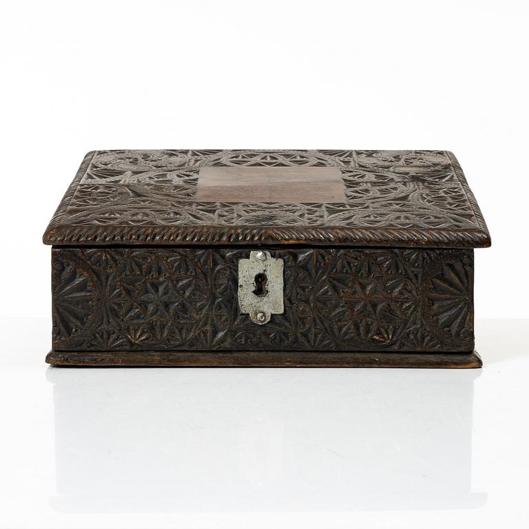 A carved wooden box, Sweden, 19th century.