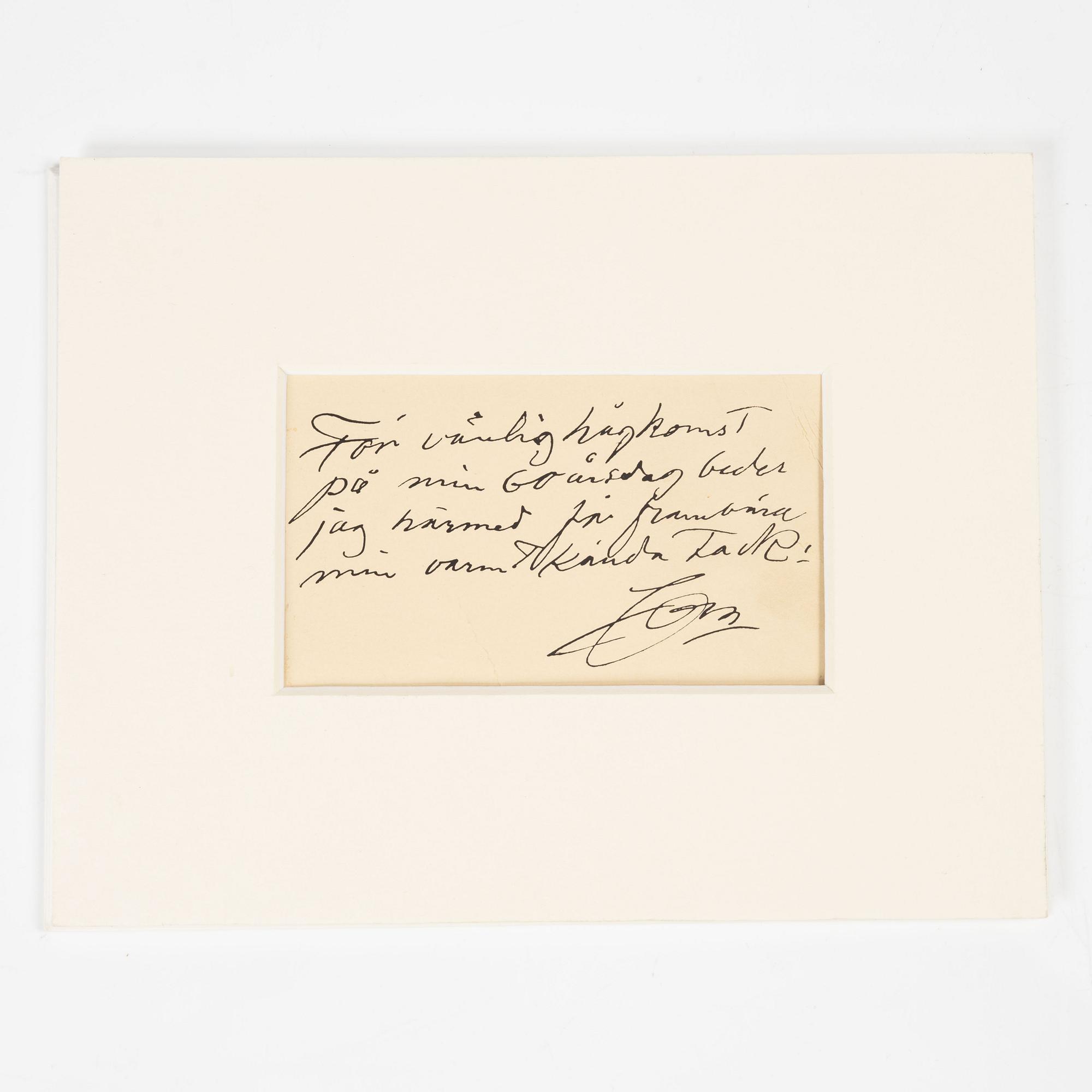 Anders Zorn, Egenhändigt signerat kort, porträttbild, samt signerat fotografi.