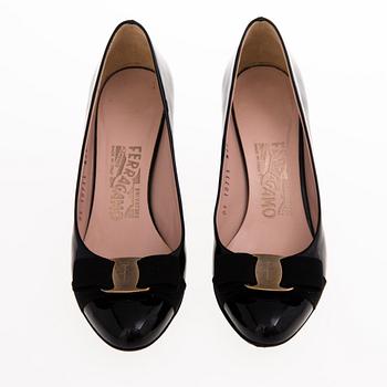Salvatore Ferragamo, A Pair of Black Patent Leather Wedge Pumps, size 5.5.