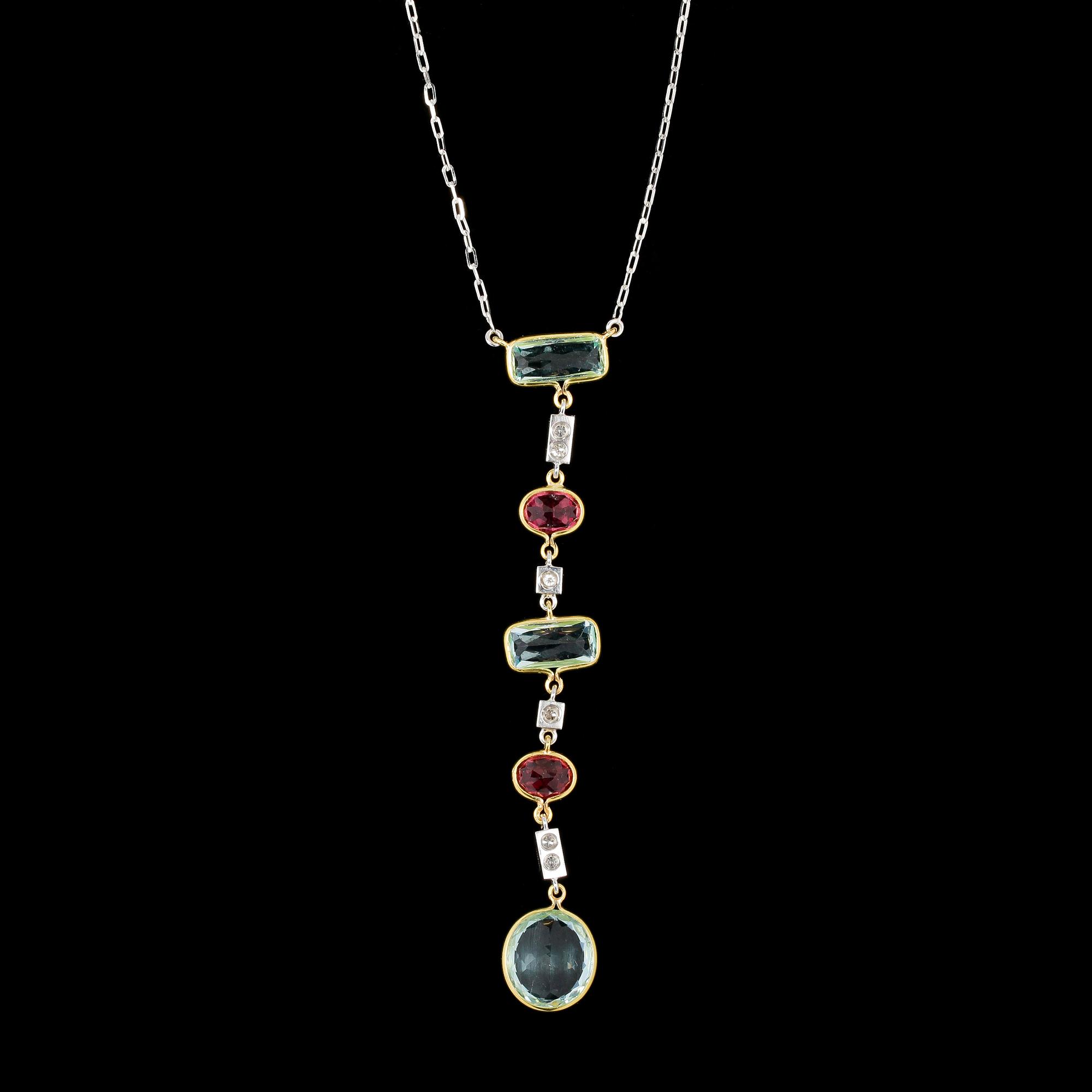 NECKLACE, aquamarines, tourmalines and brilliant cut diamonds, tot. app. 0.40 cts.