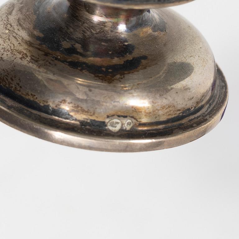 A silver salt cellar and a pepper shaker, Louis XVI style, Swedish import marks.