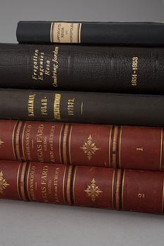 BOKPARTI OM UPPTÄCKTSRESOR, 5 vol, bla Vegas färd kring Asien och Europa, I-II, av A.E. Nordenskiöld, Stockholm 1880-81.