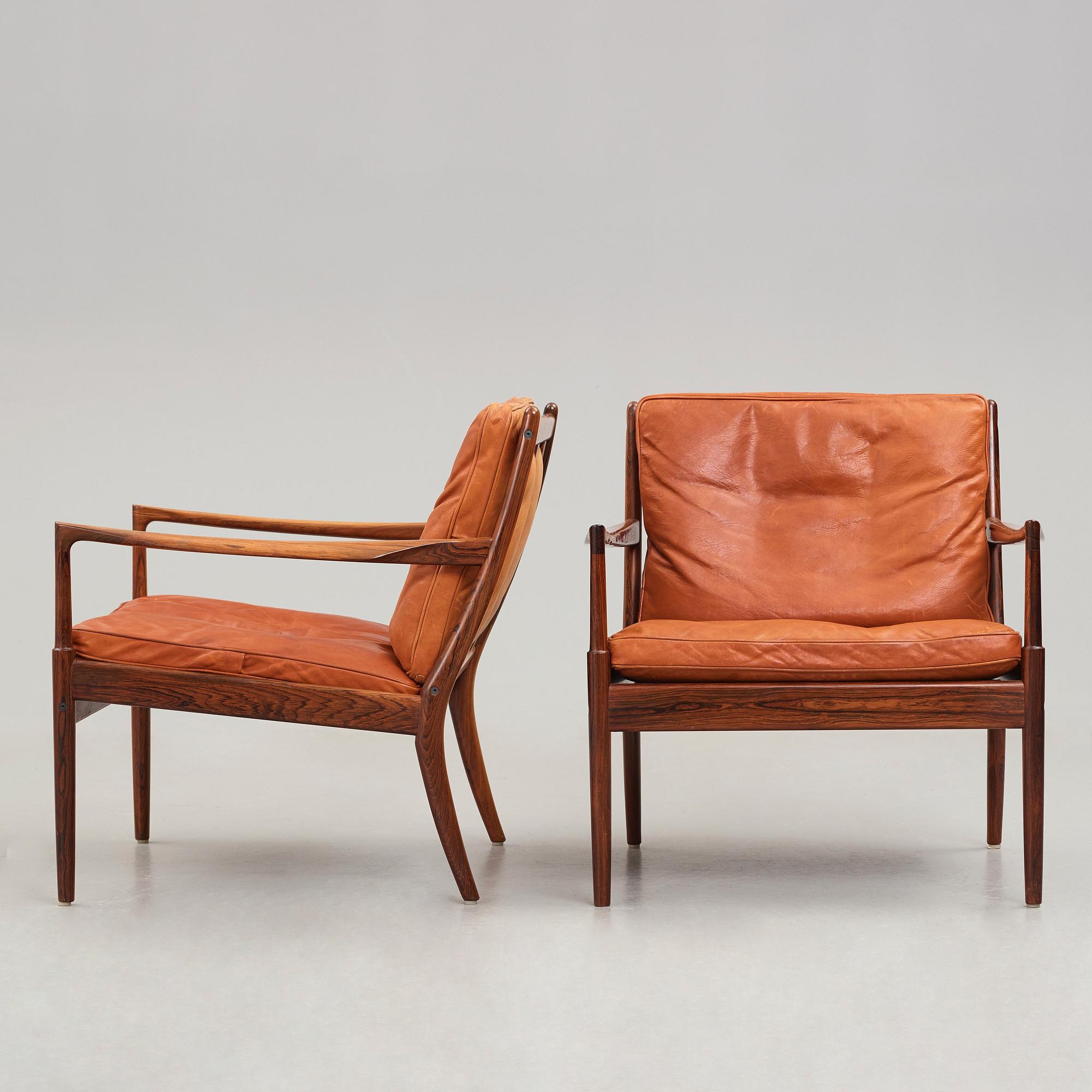 Ib Kofod-Larsen, a pair of "Samsö" palisander and brown leather easy chairs, Olof Persons Fåtöljindustri (OPE) Sweden 1960's.