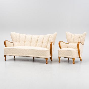A Swedish Modern sofa and armchairs, 1940's.