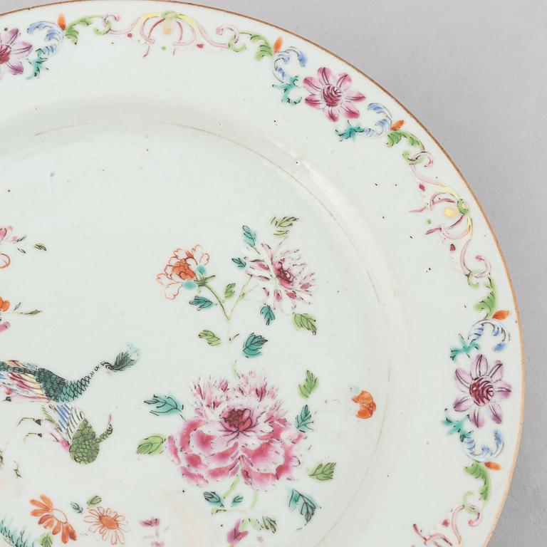 Three famille rose 'double peacock' plates, Qing dynasty, Qianlong (1736-95).