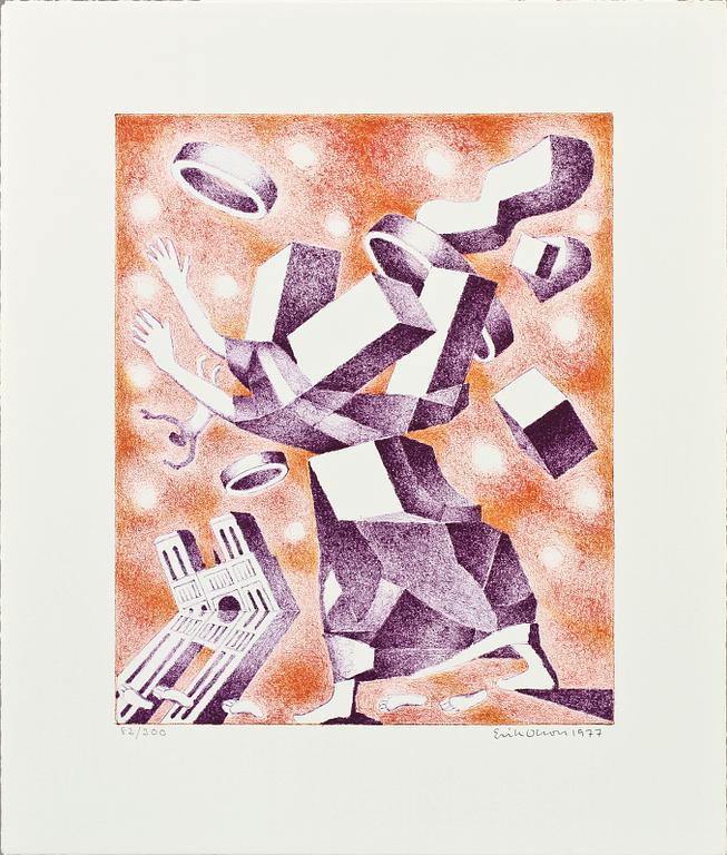 ERIK OLSON, mapp med 3 st färglitografier samt bok och katalog.