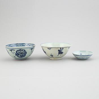 Three blue and white Ming dynasty (1368-1644) bowls.