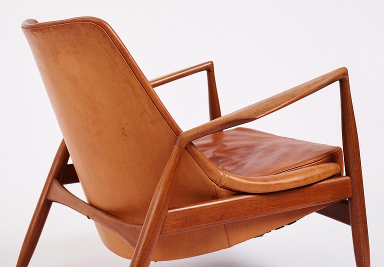 Ib Kofod Larsen, a pair of teak and cognac coloured leather "Sälen" easy chairs, Olof Perssons Fåtöljindustri (OPE), Sweden, 1950-60's.