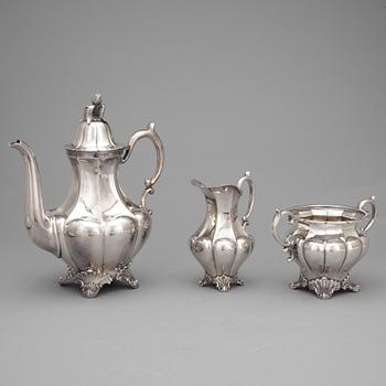 KAFFESERVIS, 3 delar, nysilver, nyrokoko, CG. Hallberg, Stockholm sent 1800-tal.