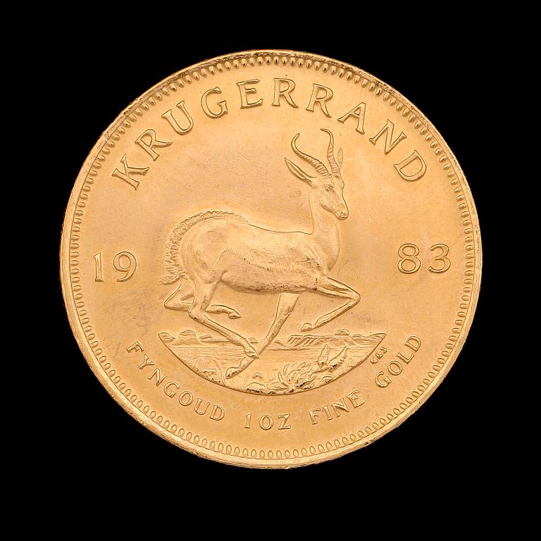 GULDMYNT, finguld, Krugerrand, Sydafrika, 1983. Vikt ca 31 g.