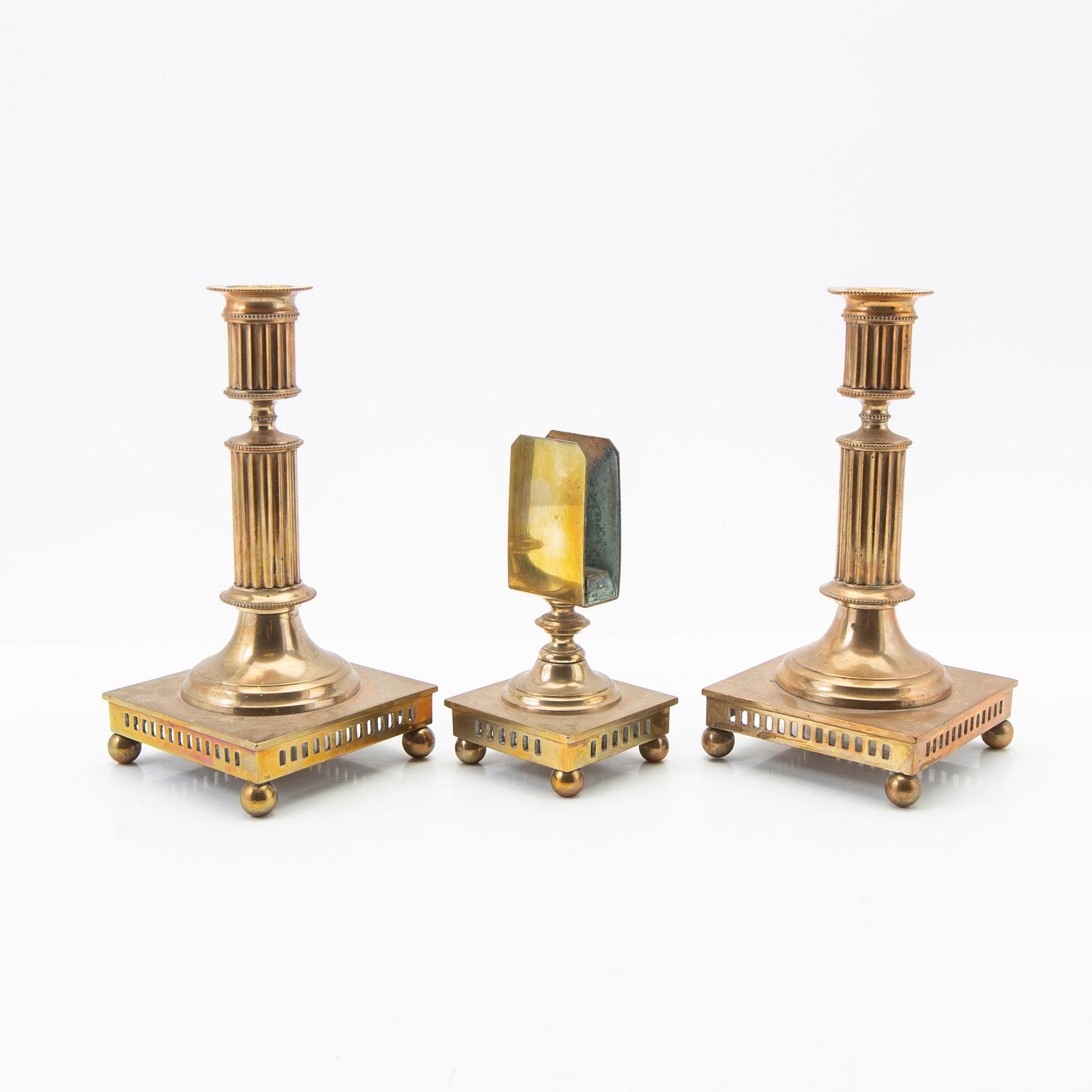 Candelsticks, a pair, and a match holder, Torshammars Bruk, late 19th century/early 20th century.