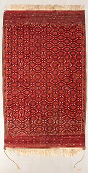 Yomut Turkmen rug, semi-antique Soumak approx. 336x201 with kilim edge.