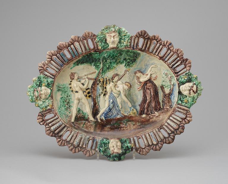A majolica charger in the style of Pallisy, 'Istoriato'.