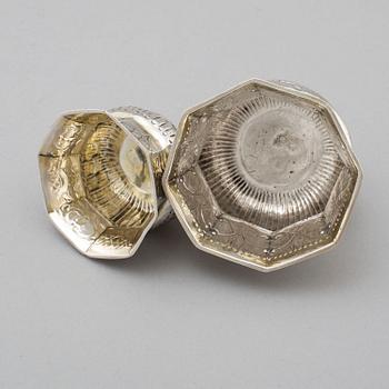 Two Russian 18th century parcel-gilt silver charkas, unidentified makers marks, Moscow.