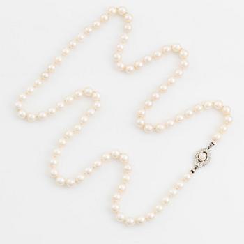 Pearl necklace, cultured pearls, silver clasp with white stones.