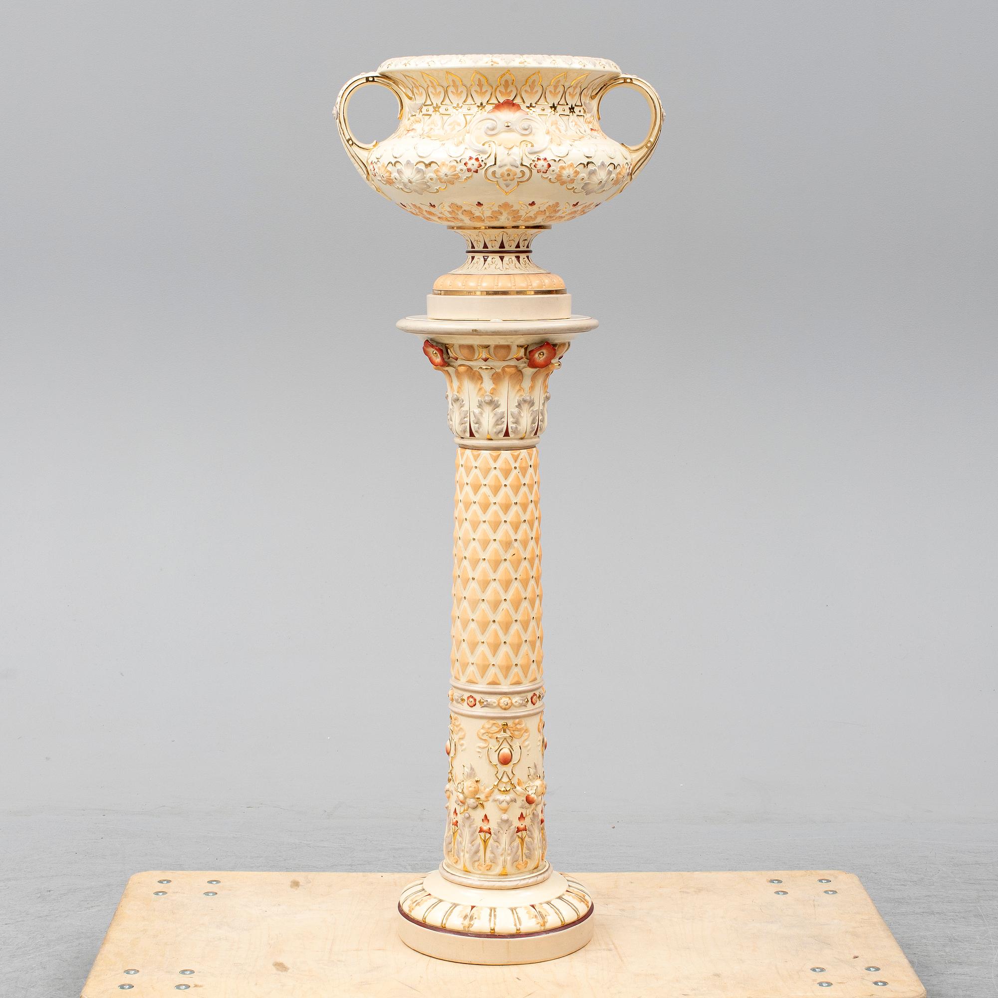 A ceramic pedestal and plant pot from Rörstrand, circa 1900.