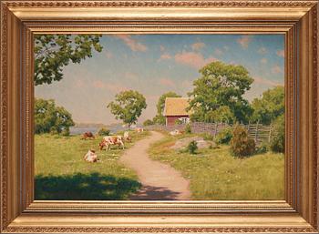 Johan Krouthén, Summer landscape with cabin, lake and cows.