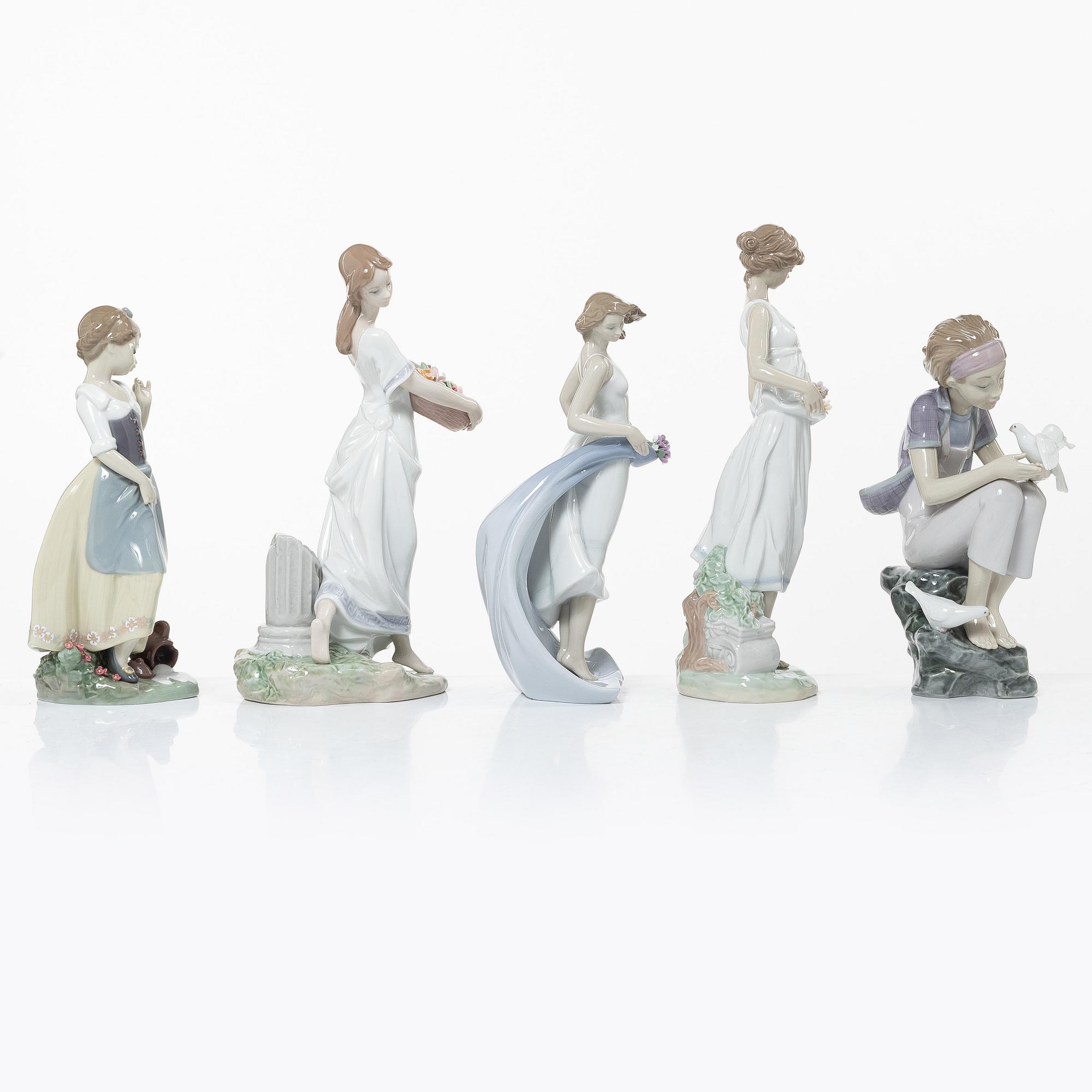 Lladró, figurines, 5 pcs, "Flowers for goddess", "Clumsy me", "Playing with doves", "Blissful youth", "Garden of Athens".