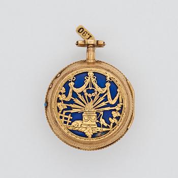 SPINDELUR, Gudin, Paris, guld med emaljarbete i blått klassicistiskt motiv, ca 1800.