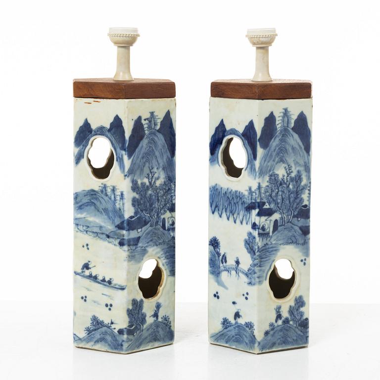 A pair of blue and white lanterns/table lamps, China, circa 1900.