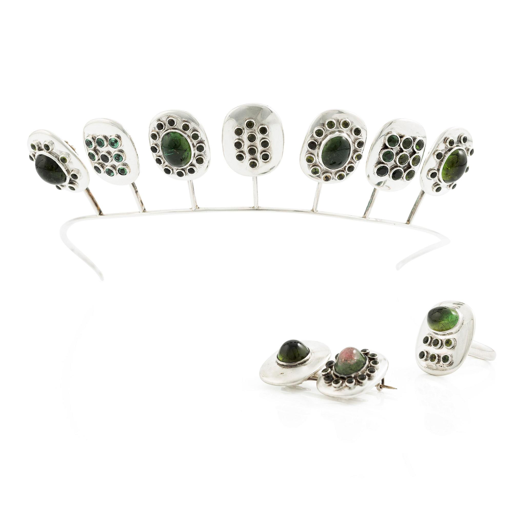 H Strömdahl, a parure, silver with tourmalines and other green stones, Stockholm 1961 and 1963.