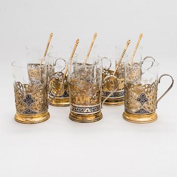 A set of eight Kubachi tea glass holders and five teaspoons, parcel-gilt silver, niello, Russia 1960s.